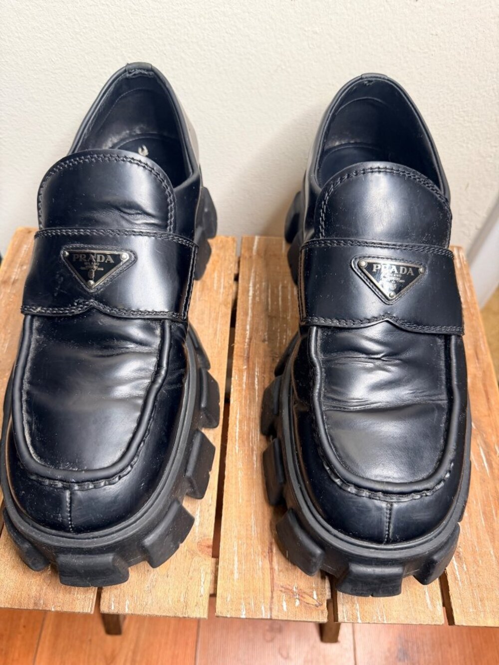 Prada Monolith Black Brushed Leather Chunky Lug Sole Loafers